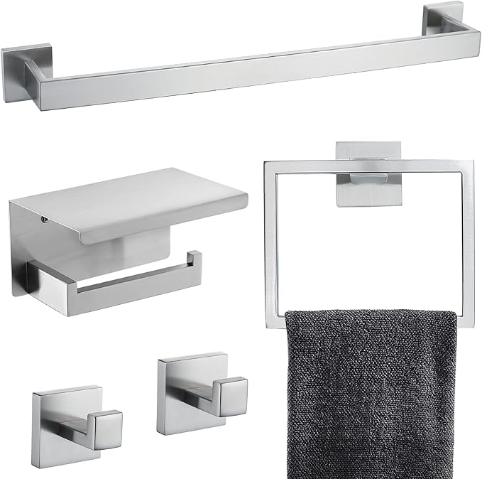 Brushed Nickel Bathroom Towel Bar Set Bathroom Accessories Hardware Set Including Towel Bar Towel Ring Coat Hook and Toilet Paper Holder with Shelf. Wall Mounted Stainless Steel