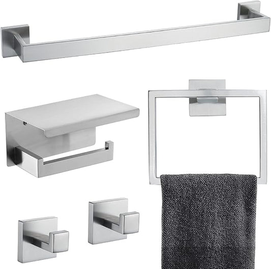 Brushed Nickel Bathroom Towel Bar Set Bathroom Accessories Hardware Set Including Towel Bar Towel Ring Coat Hook and Toilet Paper Holder with Shelf. Wall Mounted Stainless Steel