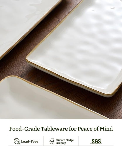famiware Serving Platter, Rectangular 15.67/14.1/12.6inch Serving Dishes for Entertaining, Microwave Dishwasher Safe, Stoneware for Party, Turkey, Cheese, Ocean Series, Vanilla White