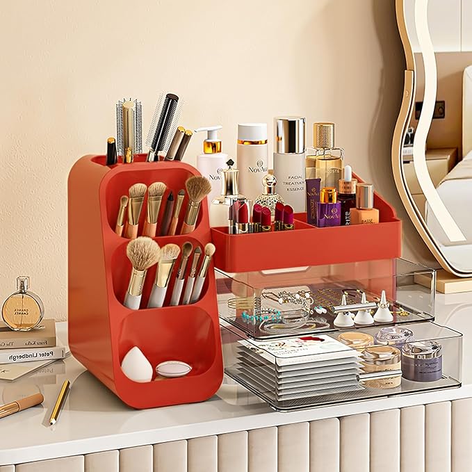 Makeup Organizer with Drawers for Vanity,Spacious Cosmetic Display Case,Perfect Storage Solution for Your Beauty Essential (Red)