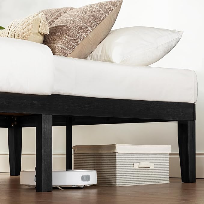 Mellow Naturalista Classic 16 Inch Solid Wood Platform Bed with Wooden Slats, Black, Queen