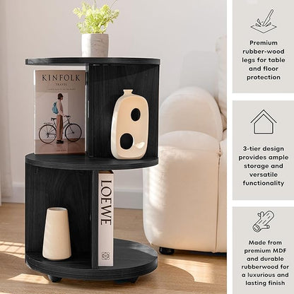 KAYMILY Round End Tables, Mid Century Modern 3 Tier Side Table for Living Room, Bedroom, Office, 25" Tall Accent Nightstand with Open Storage Shelves, Easy Assembly, MDF Wood - Stationary - Black