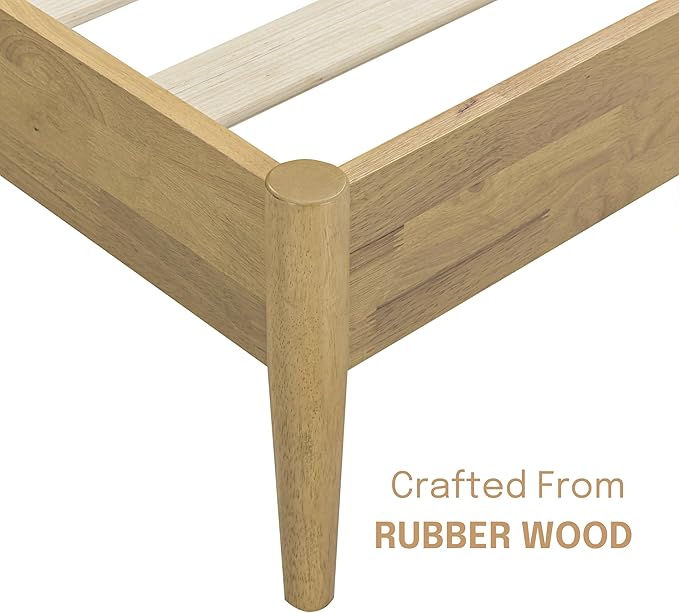 NTC Lupin Wooden Bed Frame with Headboard, Solid Oak and Rubber Wood Foundation with Silent Slats and Wood Central Supports, 1000 Lb Capacity, Queen - Sand