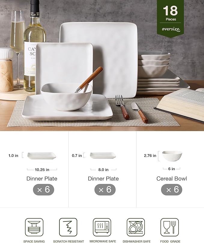 Famiware Dinnerware Sets for 6, Ocean Square 18-Piece Kitchen Plates and Bowls Sets, Microwave and Dishwasher Safe, Scratch Resistant, Matte White