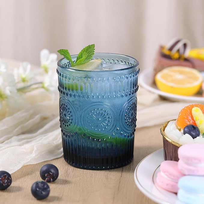 Vintage Glassware Drinking Glasses Set of 4-10.5 oz Blue Glasses Water Tumbler, Embossed Glassware Cups for Juice, Beer, Cocktail, Whiskey, Various Mixed Drinks