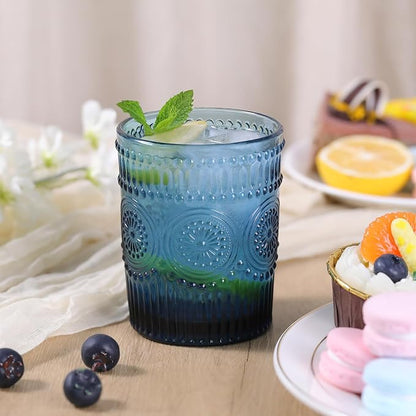 Vintage Glassware Drinking Glasses Set of 4-10.5 oz Blue Glasses Water Tumbler, Embossed Glassware Cups for Juice, Beer, Cocktail, Whiskey, Various Mixed Drinks