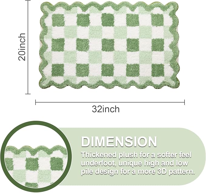 ORTIGIA Cute Green Checkered Scalloped Bath Mat, Fun Plush Microfiber Bathroom Rugs Non Slip Washable Quick Dry Absorbent, Bath Rug for Shower Stall Vanities Kitchen Floor Entrance, 20x32
