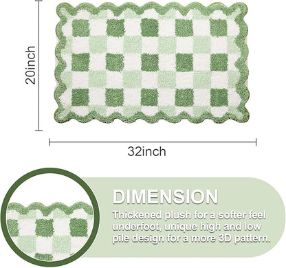 ORTIGIA Cute Green Checkered Scalloped Bath Mat, Fun Plush Microfiber Bathroom Rugs Non Slip Washable Quick Dry Absorbent, Bath Rug for Shower Stall Vanities Kitchen Floor Entrance, 20x32