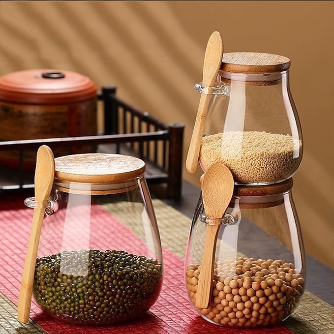 Airtight glass jar storage container with bamboo lid Set of 2, wide mouth, leak-proof, With a spoon, can be used for coffee beans, tea leaves, grains, dried fruits, etc (Large*2PCS)