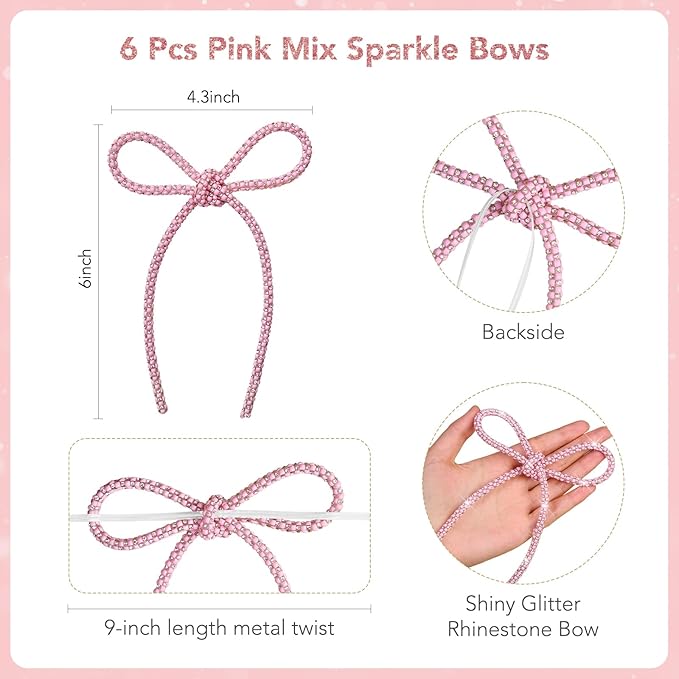 FLAIR GIFTS 6 Pcs 4.3" x 6" 2025 Christmas Bows for Tree Decor, Mix Pink Sparkly Glitter Rhinestone Bow Ornaments with Twist Tie for Xmas Decoration, Wreath, Garland, Gift Wrapping