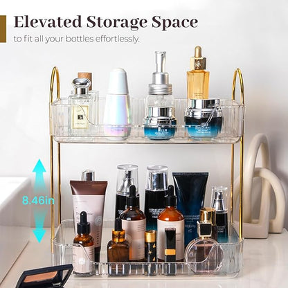 Aveniee Bathroom Counter Organizer, 2 Tier Perfume Skin Care Countertop Storage Shelf, Vanity Makeup Tray for Cosmetic Skincare Lotion,Clear