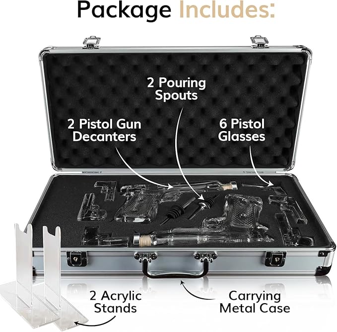 Pistol Whiskey Decanter Set & 6 Pistol Glasses - Unique Whiskey Set for Home Bar, Bourbon Gifts for Men, Birthday Gift for Dad, Liquor Dispenser, Personalized Gifts for Men - Carrying Case Included