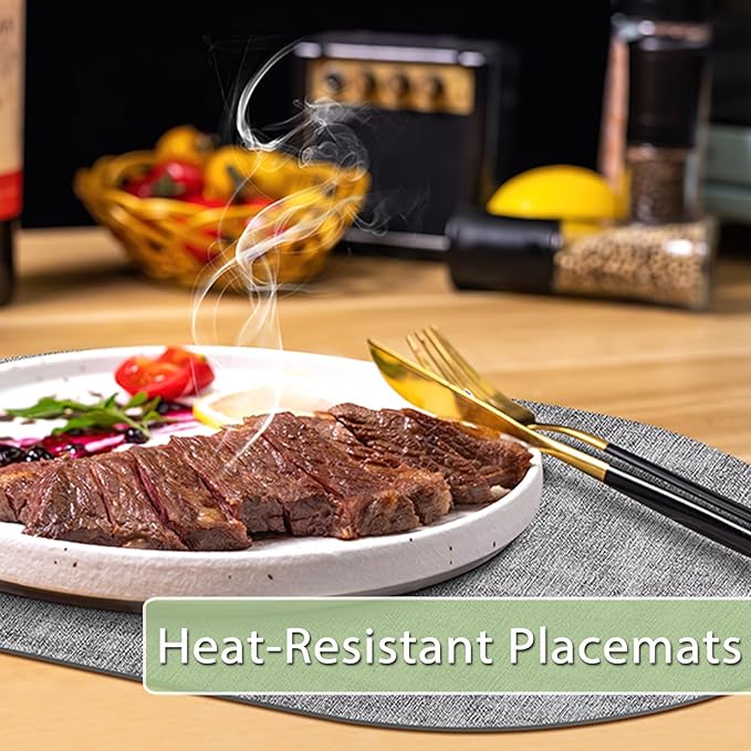 Placemats for Dining Table Set of 6 Non-Slip, Heat Resistant Oval Leather Placemat Double Layer, Waterproof Table Mats Easy to Clean for Kitchen Dining Room Coffee Office Table, Grey