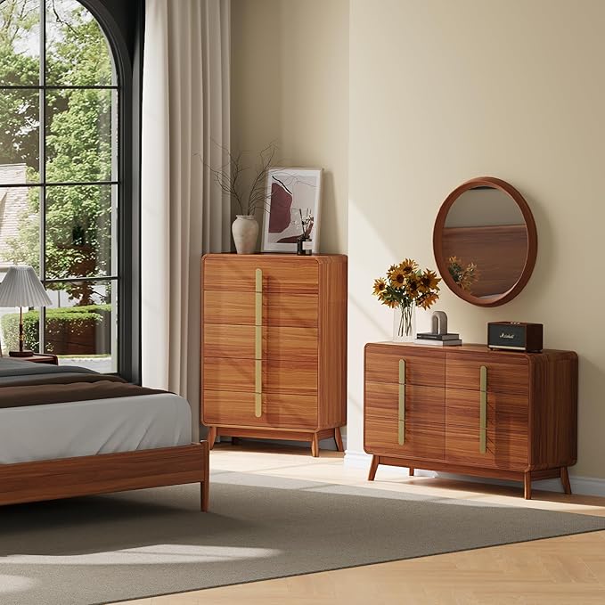 Dresser for Bedroom with 5 Drawers,Mid Century Modern Dresser with Storage,31" Modern Chest of Drawers with Metal Handles,Large Wood Drawer Organizer for Bedroom,Living Room,Hallway,Cherry