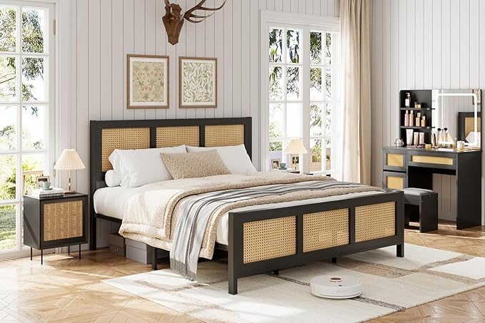 GarveeHome King Size Rattan Bed Frame with Headboard, Black Boho Cane Platform Bed Frame with Strong Metal Slat, Noise Free, No Box Spring Needed