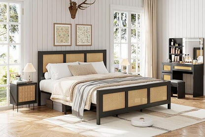 GarveeHome King Size Rattan Bed Frame with Headboard, Black Boho Cane Platform Bed Frame with Strong Metal Slat, Noise Free, No Box Spring Needed