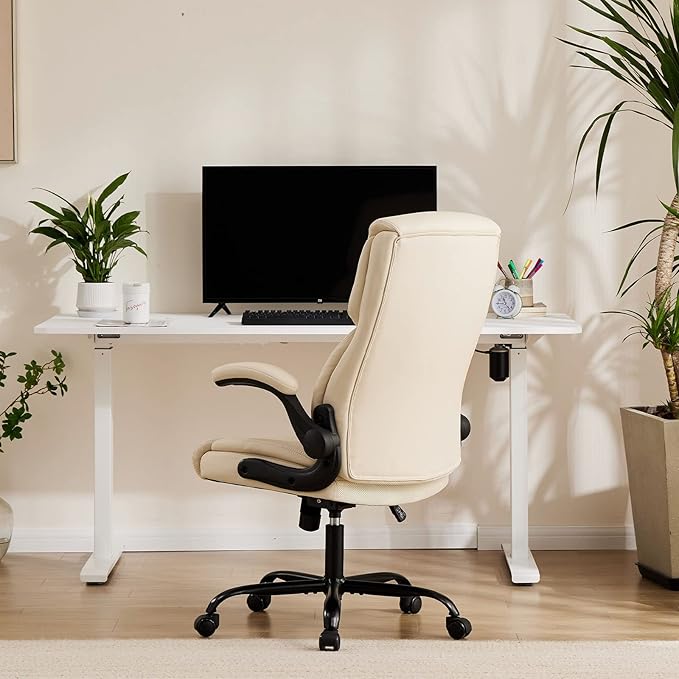 Sweetcrispy Computer Gaming Chair, Ergonomic High Back Heavy Duty Task Desk Office Chairs with Wheels, Flip-up Arms, Adjustable Height, PU Leather, Cream