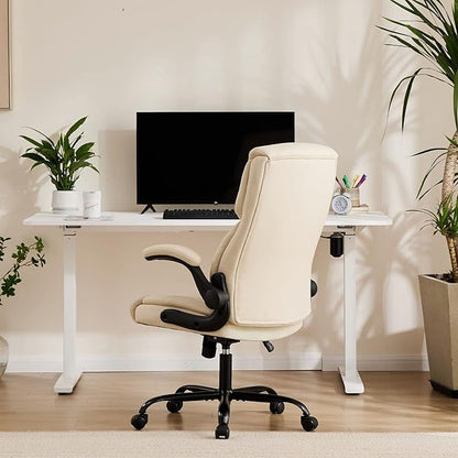 Sweetcrispy Computer Gaming Chair, Ergonomic High Back Heavy Duty Task Desk Office Chairs with Wheels, Flip-up Arms, Adjustable Height, PU Leather, Cream