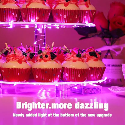 YestBuy 4 Tier Round Cupcake Stand – Premium Cupcake Holder – Acrylic Cupcake Tower Display – Acrylic Display for Pastry + LED Light String – Ideal for Weddings, Birthday Parties & Events (Pink)