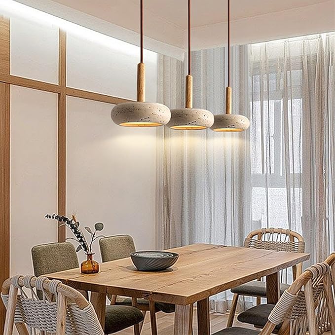 Japanese Pendant Lights Wabi-Sabi Natural Stone Shade Hanging Lamp Round Modern Wood Chandelier Bedroom Bedside Pendant Lamps Living Dining Room Table Kitchen Island Ceiling Hanging Lamp