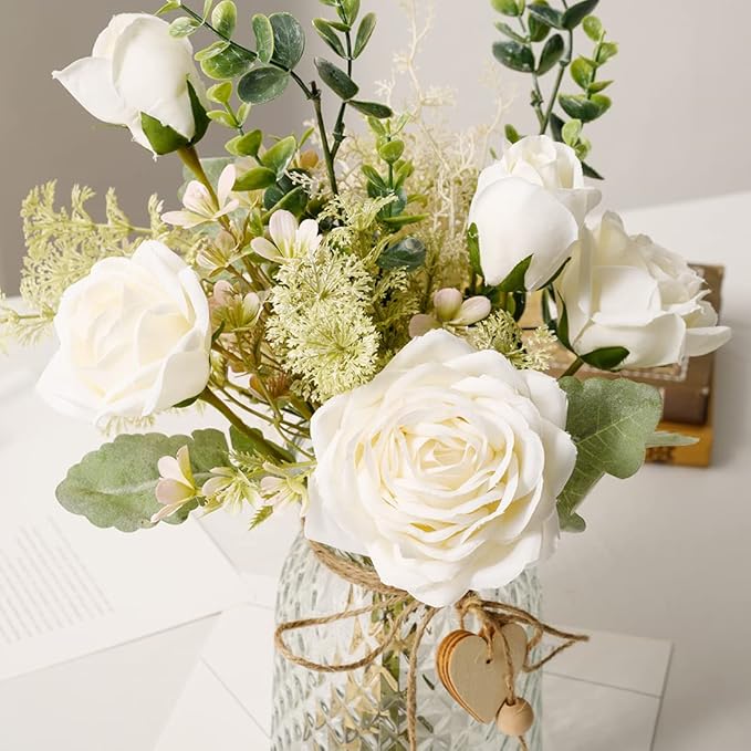 YJ Fake Flowers with Vase, Silk Roses Artificial Flowers in Vase, Faux Flower Plant Arrangement Suitable for Home Office Decoration, White