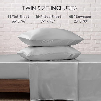 MR&HM Satin Bed Sheets, Twin Size Sheets Set, 3 Pcs Silky Bedding Set with 15 Inches Deep Pocket for Mattress (Twin, Silver Grey)