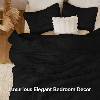 BEDELITE Black Fluffy Comforter Set Queen Size, Fuzzy Faux Fur Comforter Bedding Set, 3Pieces Soft Warm Shaggy Bed Set (1 Comforter & 2 Pillowcases) as Gifts for Women