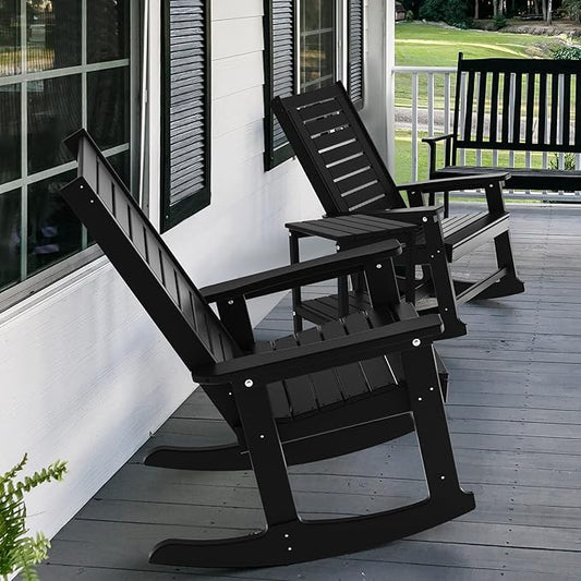 GREENVINES Outdoor Rocking Chair Set | 3-Piece | 2 Rocking Chairs with 1 Side Table | Porch Rocker | HDPE Plastic | Black | Patio Furniture Sets | High Back | Big & Tall | Ladder Back