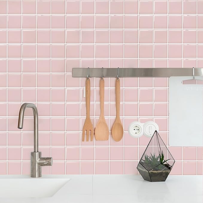 Alwayspon 10 Sheets 10"x10" Pink 3D Vinyl Backsplash Tiles, Self-Adhesive Peel and Stick Wall Tile Stickers Stick on Subway Tiles for Kitchen Bathroom Wall