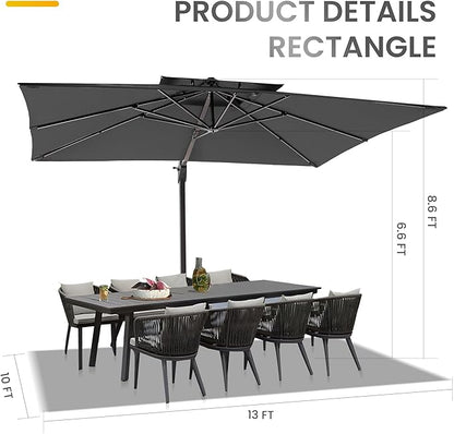 10 X 13 FT Cantilever Patio Umbrella Outdoor Heavy Duty Double Top Windproof Rectangle Offset Umbrellas with 360-degree Rotation for Pool Deck Backyard, Grey
