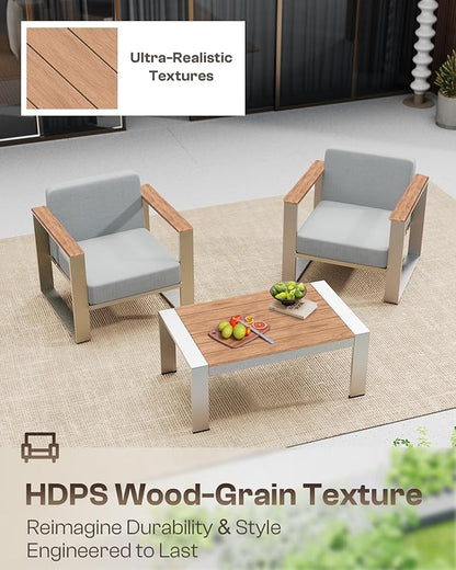 Aluminum Outdoor Patio Furniture, 1 Piece Loveseat, All-Weather Outside Seating for Deck, Porch (Teak-Gray)