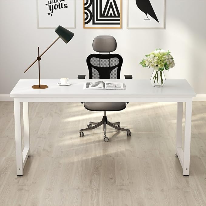 Tribesigns Computer Desk, 55 inch Large Office Desk Computer Table Study Writing Desk for Home Office, White + White Leg
