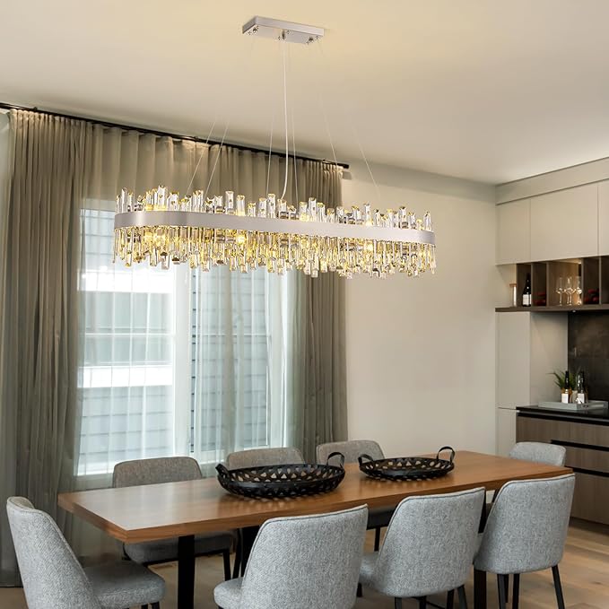 Siljoy Large Rectangular Crystal Chandelier, Modern Oval Brushed Nickel 2-Tiers K9 Crystal Raindrop Chandelier Ceiling Light for Dining Room, Living Room Kitchen Island Bar, E12 x 20, L52''