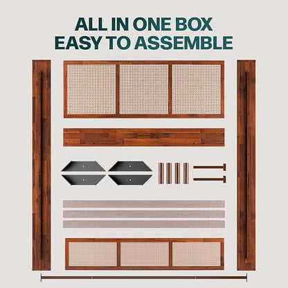 Bme Nancy Signature Bed Frame, Queen Bed Frame and Headboard Unique Geometric, Mid Century Modern, Solid Acacia Wood, No Box Spring Needed, 12 Strong Wood Slats Support, Easy Assembly, Dark Chocolate