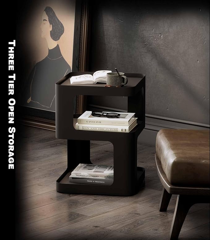 XIV Side Table, Small End Table, Modern Nightstand, Accent Bedside Table, 3 Tier Night Stands, Metal Bed Side Table for Living Room Bedroom Outdoor Entryway, No Assembly Required (Black, Square)