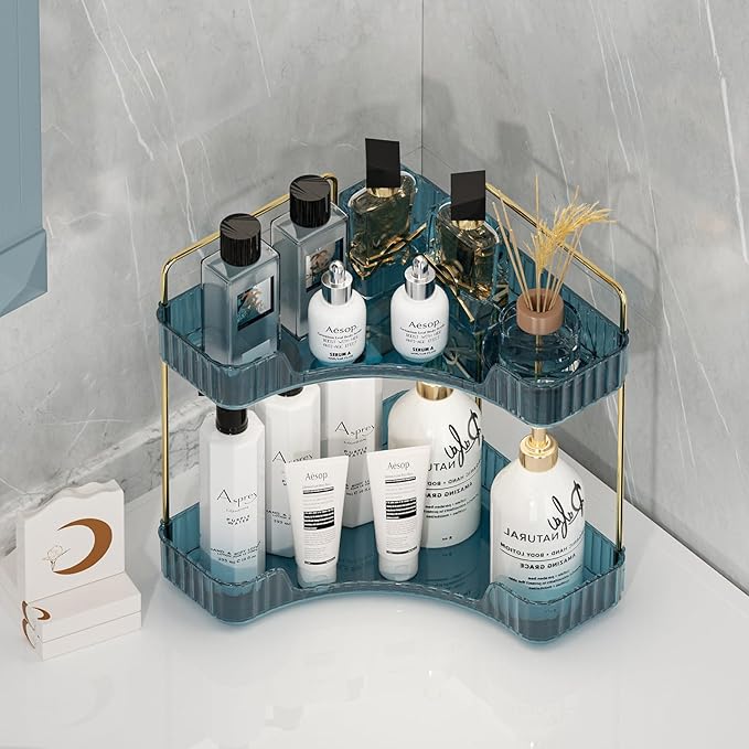 Corner Bathroom Counter Organizer Bathroom Countertop Shelf Makeup Organizer for Vanity Perfume Corner Storage (2 Tiers, Blue)