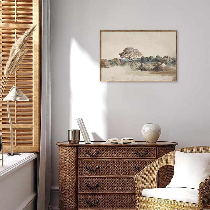 KBKBART Framed Vintage Neutral Wall Art Prints, Antique Rustic Muted Landscape Canvas Painting, Retro Countryside Nature Wilderness Illustrations Farmhouse Decor, Neutral Vintage Decor Ready To Hang