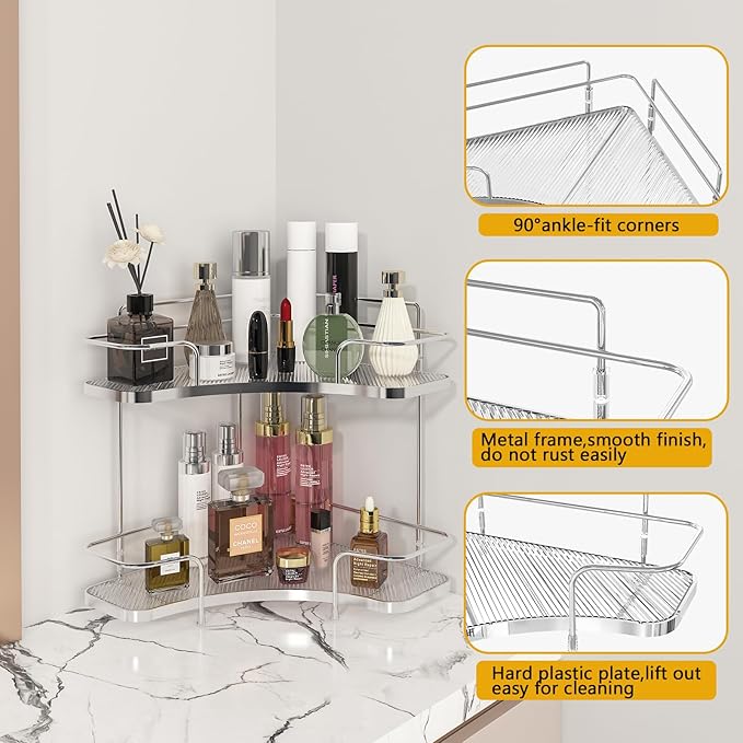 FOLLOWIN 2 Tier Bathroom Countertop Corner Organizer,Countertop Perfume Vanity Counter Shelf,Skincare Makeup Cosmetic Vanity Organizers,Silver