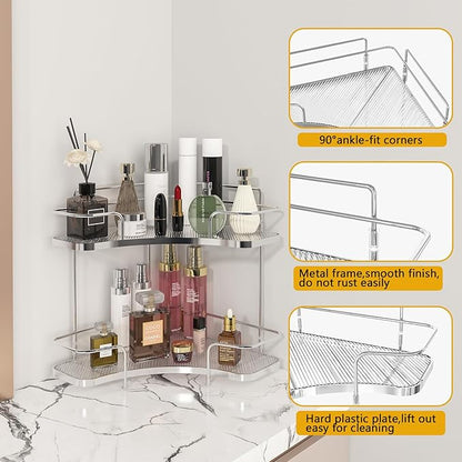 FOLLOWIN 2 Tier Bathroom Countertop Corner Organizer,Countertop Perfume Vanity Counter Shelf,Skincare Makeup Cosmetic Vanity Organizers,Silver