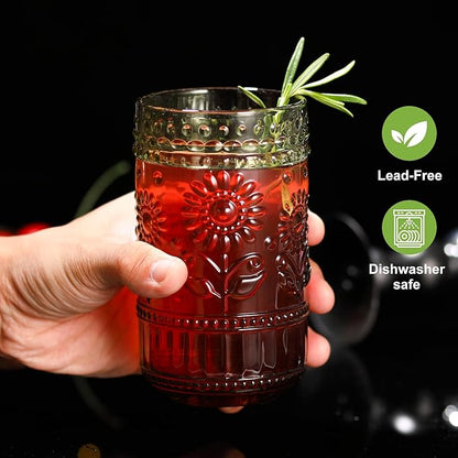 Green Drinking Glasses Set of 12, 16 Oz Highball & 13 Oz Cocktail Glasses, Green Kitchen Vintage Glassware Set, Floral Embossed Glass Tumbler Cups for Coffee, Beer, Water, Whiskey, Juice