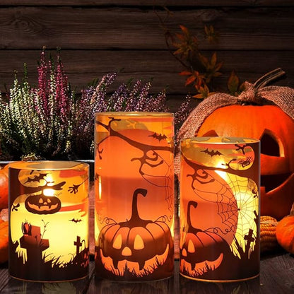 Eldnacele Halloween Flameless Candles with Remote Pumpkin, Spider Web Decal and Castle Decals Battery Operated Real Wax Flickering Glass Pillar Candle for Spooky Halloween Decor 3 Pack