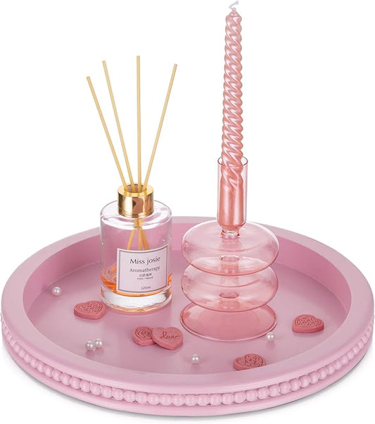 Hanobe Pink Tray Decorative Round: Beaded Perfume Trays Decor Circle Vanity Makeup Serving Tray for Ottoman Bathroom Counter