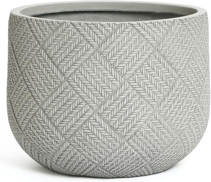 LuxenHome 17.5-Inch Dia Round Concrete Planters, Large Outdoor Indoor Decorative Plant Pots with Drainage Holes and Rubber Plug, Modern Gray Glen Woven Pattern Flower Pot Planter for Home Garden Patio
