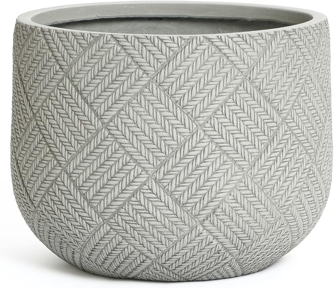 LuxenHome 14-Inch Dia Round Concrete Planters, Large Outdoor Indoor Decorative Plant Pots with Drainage Holes and Rubber Plug, Modern Gray Glen Woven Pattern Flower Pot Planters for Home Garden Patio