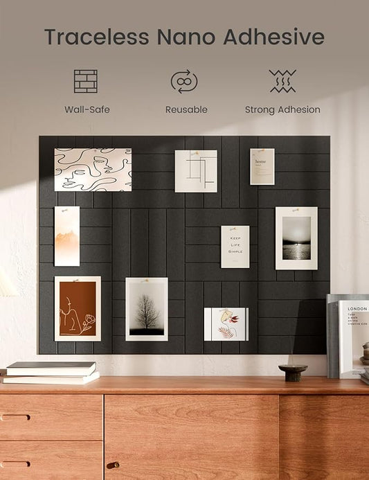 Bumusty Large Cork Board Alternative-47 x35 Felt Bulletin Board Tiles, with 30 Pushpins, 70 Adhesive Tabs, 12-Pack Slat Wall Paneling, Cork Boards for Office Push Pin Board Felt Board-Black