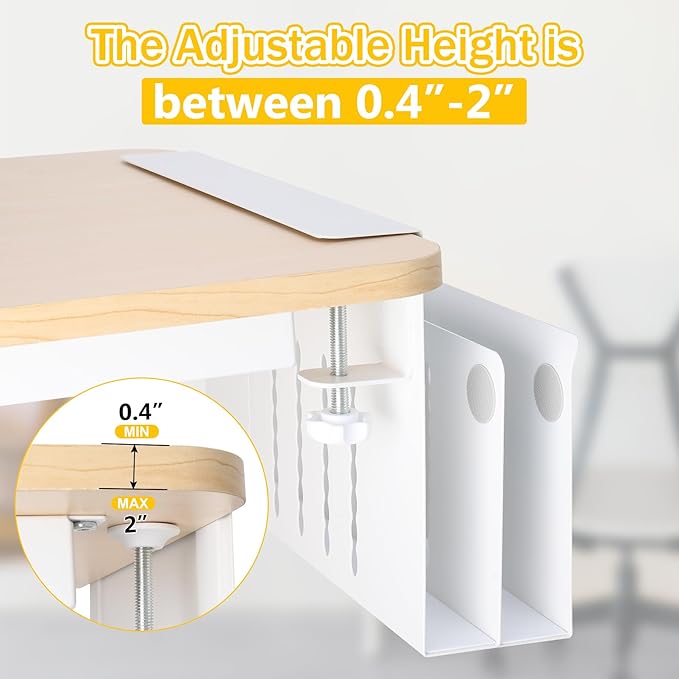 2 TIER Desk Side Storage Upgraded Under Desk Organizer, No Drill Hanging Laptop Holder Under Desk, Clamp-On Table Side Steel Desktop Organization for Office and Home (White)