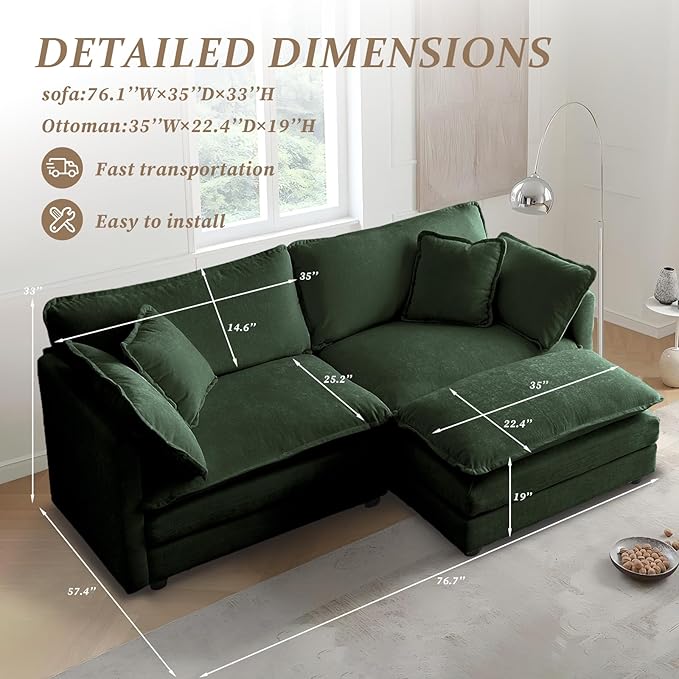 SoarFlash Chenille Sectional Sofa, Comfy L Shaped Modular Coush Sofa with Ottoman, Modern 2 Seat Couch Deep Seat Sofa Set for Living Room,Green