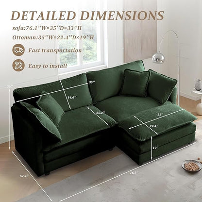 SoarFlash Chenille Sectional Sofa, Comfy L Shaped Modular Coush Sofa with Ottoman, Modern 2 Seat Couch Deep Seat Sofa Set for Living Room,Green