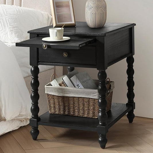 HULALA HOME Spindle Nightstands with Charging Station, Solid Wood Nightstand with Drawer Shelf, Side Table with Pull-Out Shelf (Charcoal)