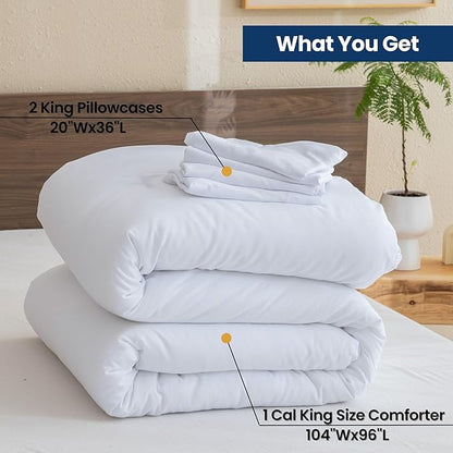 Paxrac Classic Pure White California King Comforter, 3 Pieces Oversized King Comforter Set, Lightweight Solid Bedding Set, All Seasons Soft Cal King Comforter Set (104x96In Comforter & 2 Pillowcases)